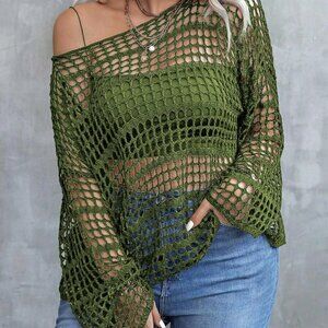 Army Green Casual Women's Plus Size Asymmetrical Hollow Out Sweater